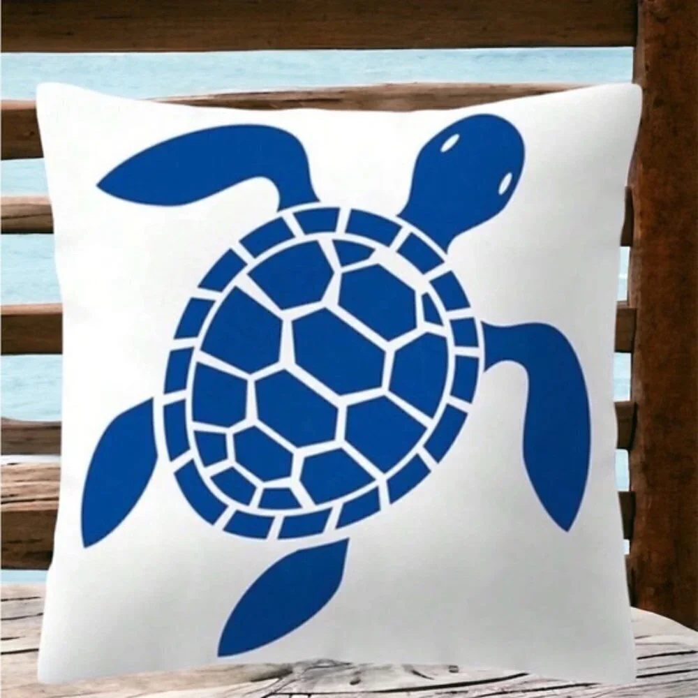 Coastal Pillow Cover Sea Turtle Nautical Graphic Beach 17.7 in Square Blue White